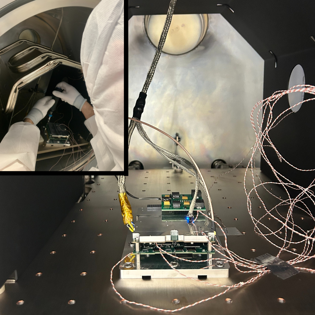 The PCB assembly inside the Thermal Vacuum Chamber. Interface cables, a daughter board, and connections to thermocouples are also visible.